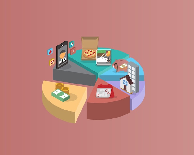 A visual representation of a pie chart showing different categories of expenses (housing, transportation, food, entertainment, etc.) with entertainment highlighted as an area to cut back.