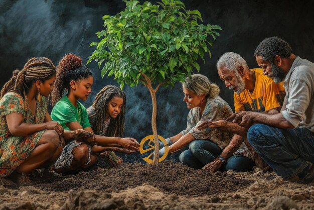 A diverse group of people planting seedlings in fertile soil, symbolizing long-term investment and growth, with a cityscape in the background representing diverse investment opportunities.