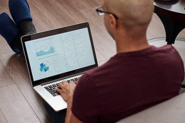 A person using a laptop to research ETFs, with financial charts and graphs displayed on the screen and notes beside them.