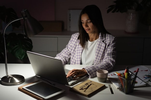 A small business owner working late at their desk, illuminated by a desk lamp, surrounded by paperwork and a laptop displaying tax software.