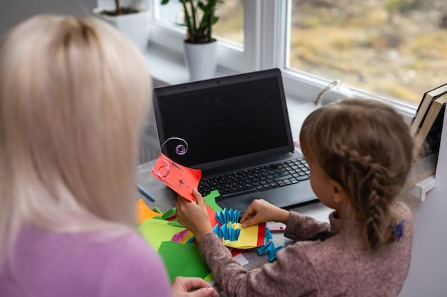 A split image showing a parent working on a laptop on one side and a child engaging in a learning activity on the other. The image represents the balance between work and childcare.