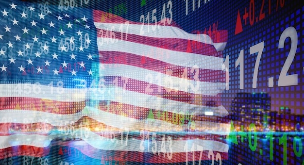 A collage of various stock market tickers and charts with arrows pointing upwards, set against a backdrop of the US flag. This symbolizes growth in the US equity markets.