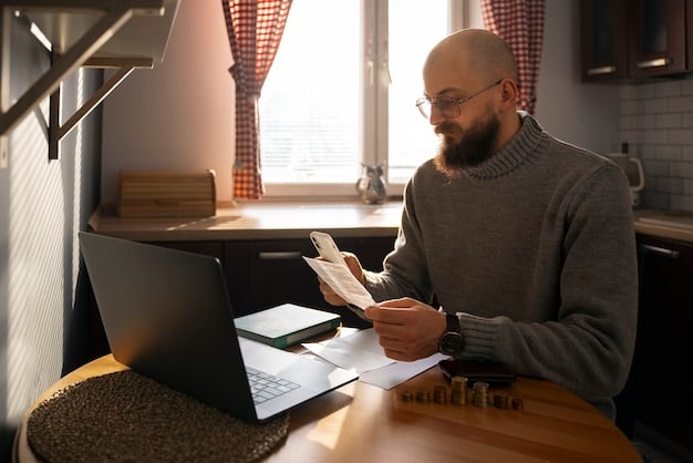 Image of a person diligently working on a budget spreadsheet on their laptop, surrounded by bills and a calculator. The scene conveys a sense of financial planning and control.
