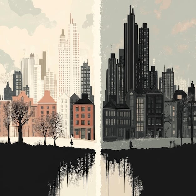 A split image showing two contrasting scenarios: On one side, a densely populated urban area with high-rise buildings, representing restrictive zoning laws. On the other side, a suburban area with ample single-family homes, representing more flexible zoning policies.
