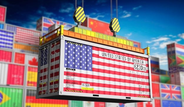 A dynamic chart illustrating the trend of the US trade deficit over the last 5 years, with clear labeling of imports, exports, and the widening gap, set against a background of the US flag.