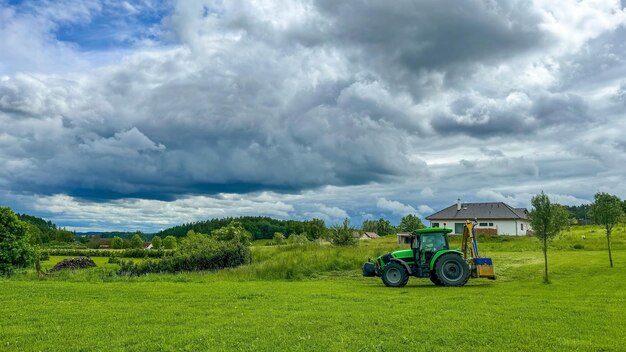 A photograph of a large agricultural field with tractors and machinery, under a cloudy sky. The image represents the agriculture sector's reliance on energy and the economic impact of rising oil prices on farming.