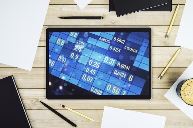 A close-up shot of a stock ticker displaying various financial data alongside an image of the Federal Reserve building in Washington D.C. The focus is on the interplay between economic indicators and central bank policies.