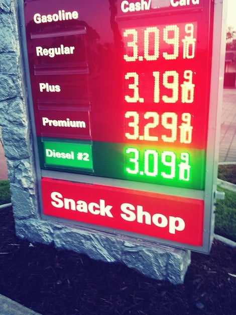 A photograph of a gas station sign displaying rising prices for gasoline. In the background are concerned-looking American consumers filling up their cars. An overlaid graph shows the US inflation rate steadily climbing.