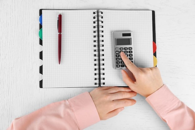 A close-up shot of a hand writing in a small notebook, with receipts and a calculator scattered nearby, representing the activity of tracking daily expenses.