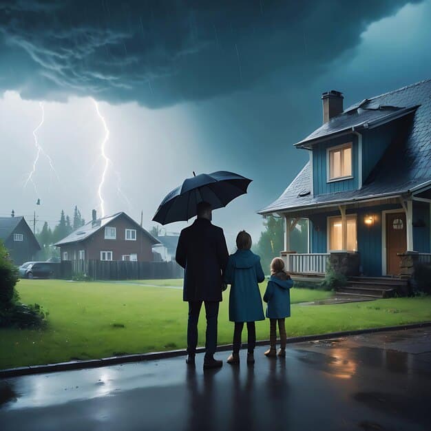 Family looking sadly at their damaged home after a storm, emphasizing the importance of insurance.